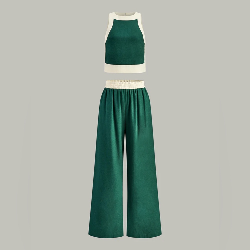 Commense Emerald Green Wide-Leg Elastic Waist Pants with Cream Trim